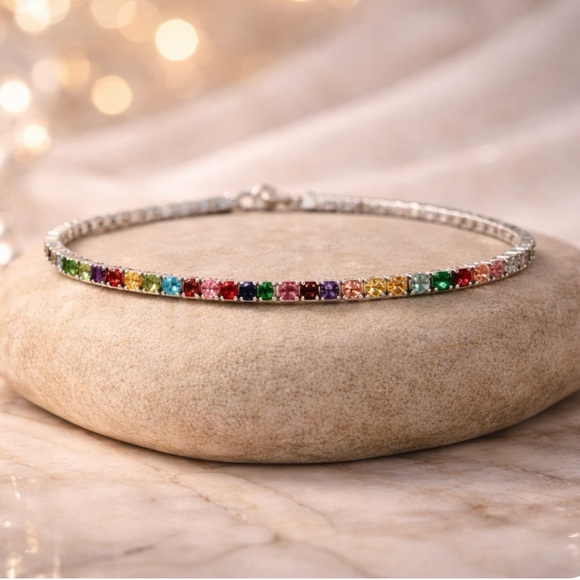 The CZ Collection Jewelry - Elegant Silver-Plated Multi-Color CZ Tennis Bracelet 7.25" with Secure Clasp